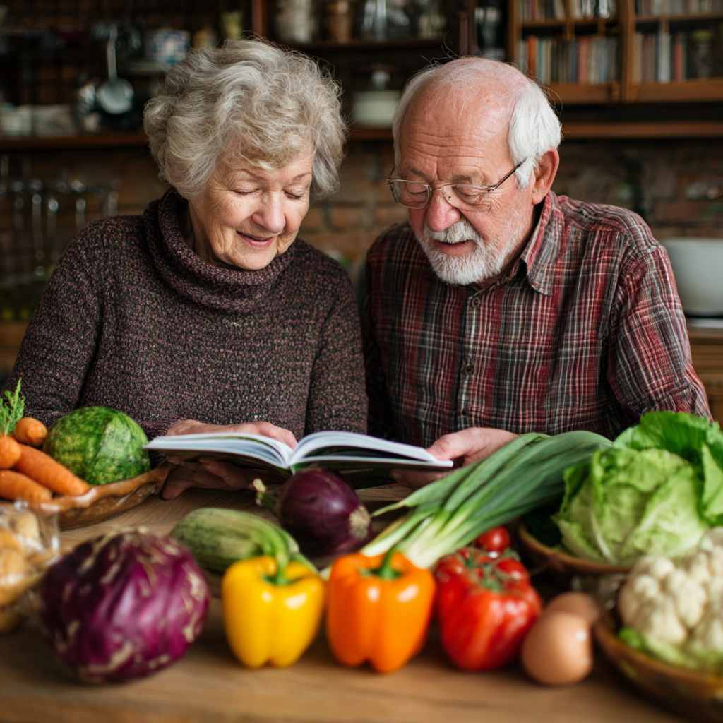 Happy middle-aged Ukrainian woman preparing healthy meal with fresh vegetables in modern kitchen
