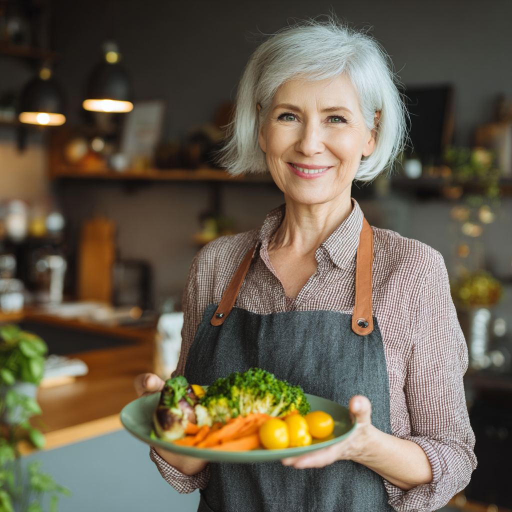 Smiling mature Ukrainian nutritionist consulting with middle-aged client in comfortable office setting with natural light